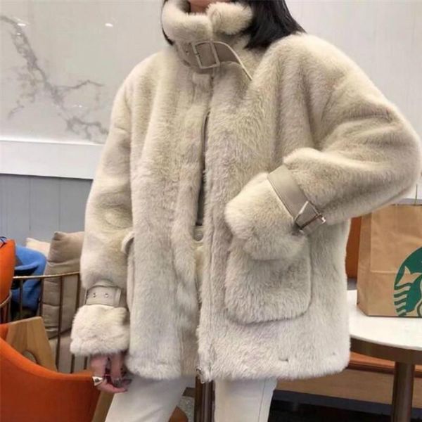 

2021 autumn winter new korean warm coat stand collar loose casual solid color double pockets zip women jacket, Black;brown