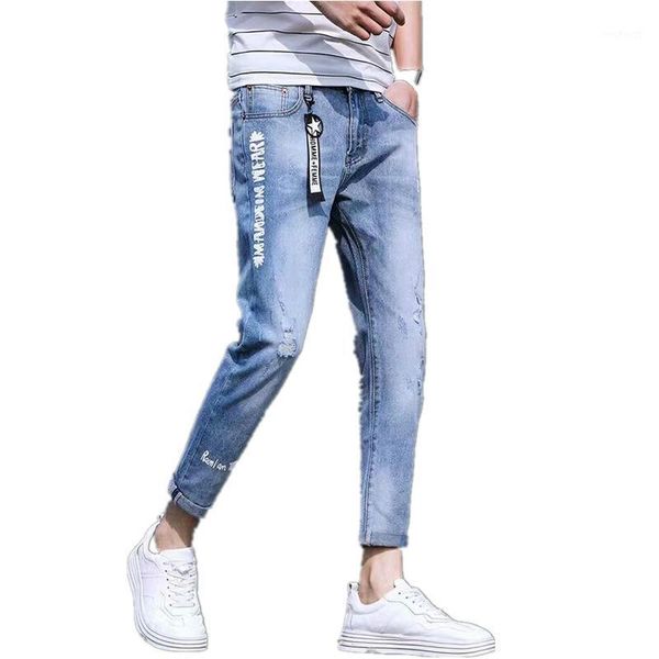 

wholesale 2020 fashion men's ripped hip hop denim jeans men's small feet korean style youth stretch casual pencil pants men1, Blue