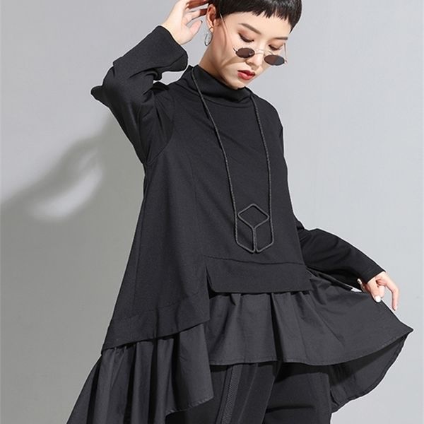 

[eam] loose fit asymmetrical ruffles sweatshirt new high collar long sleeve women big size fashion spring autumn 1a529 220311, Black