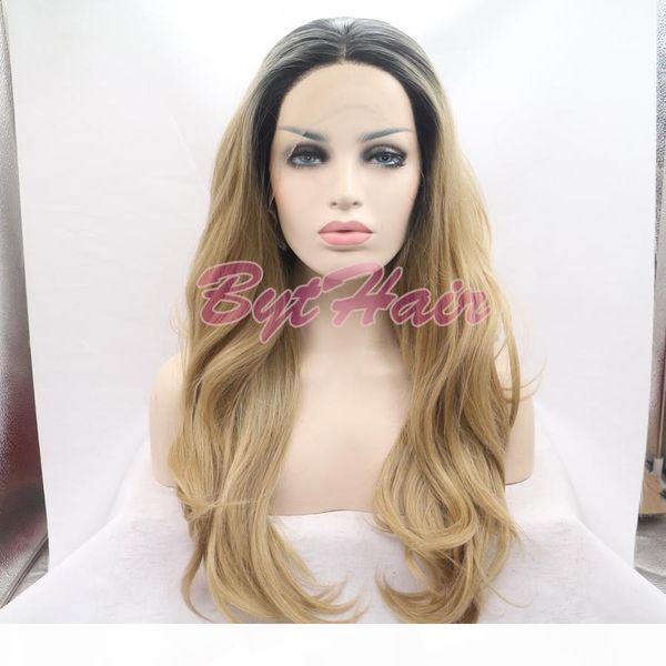 

bythair black to light brown two tones ombre hair body wave lace front synthetic wigs heat resistant fiber wig