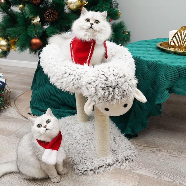 

cat beds & furniture round plush house with scratching tree soft long pet bed winter warm sleeping cats nest kittens mat hw103