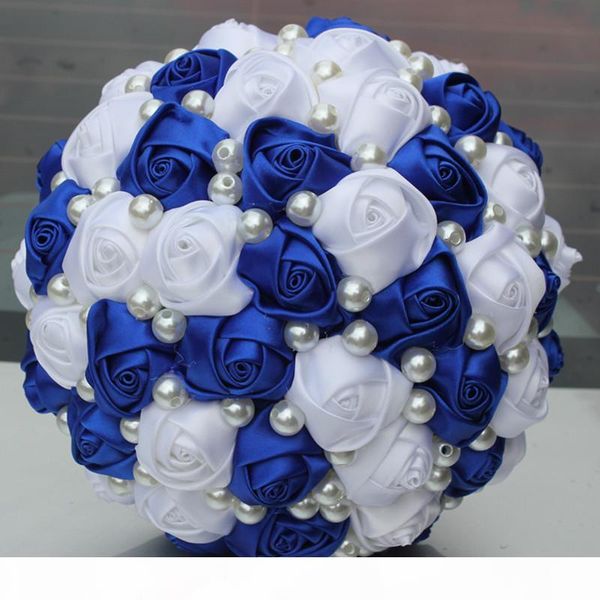 

pop new royal blue white color pearls beaded bridal wedding bouquets simple durable half ball bow stitch holding flowers w322-5 c18112601