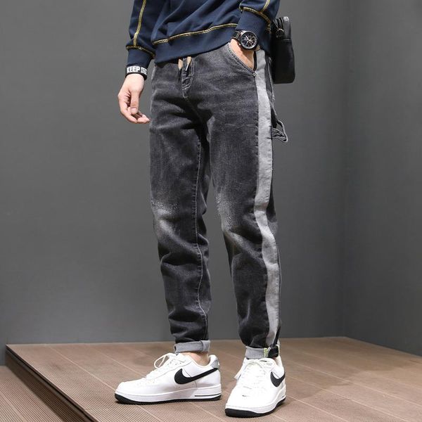 

korean style fashion men jeans elastic loose fit stripe spliced designer harem pants hombre streetwear hip hop wide leg trousers, Blue
