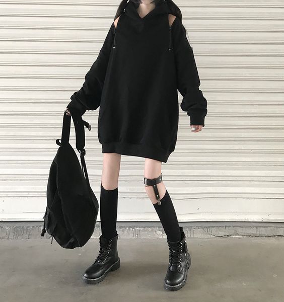 

autumn 2020 new plush hooded black zipper off shoulder long sleeve loose mid length sweater women's fashion