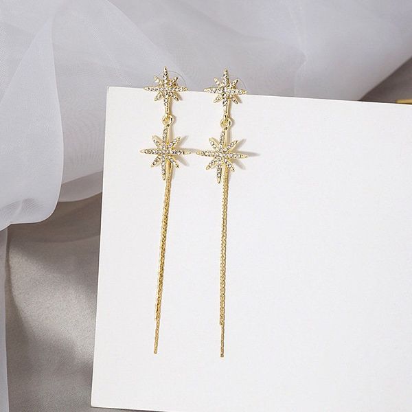 

s925 silver needle eight-pointed star tassel earrings net red long thinner diamond star earrings earrings