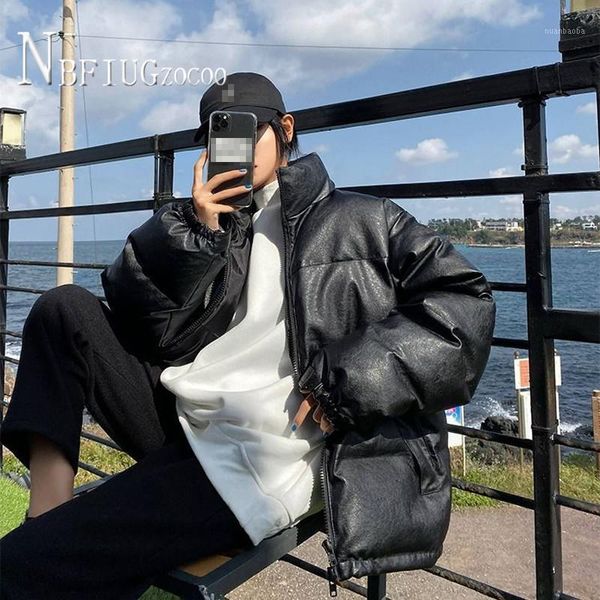 

black pu leather korean warm thick parkas stand collar winter jacket woman1