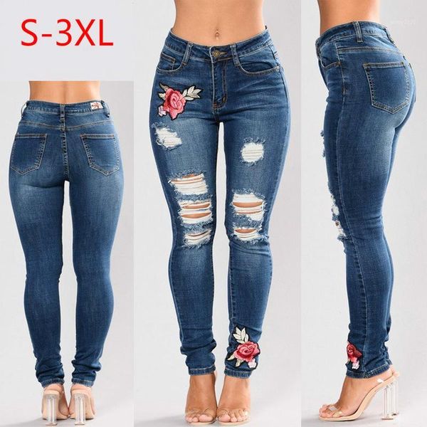 

all-match new large size ladies high-quality fashion holes embroidered stretch jeans women trousers1, Blue