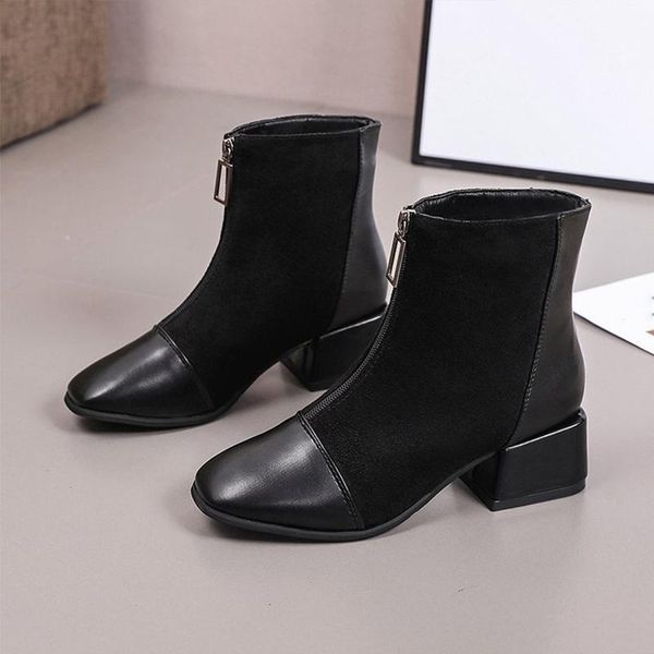 

boots women ankle ladies suede zip square-toe pu med heel shoes women's pumps elegant female 2021, Black