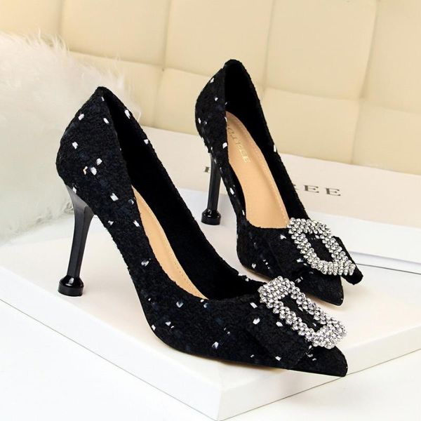 

2021 korean version of wool cloth shallow mouth pointed high heel metal rhinestone buckle bow female high heels, Black