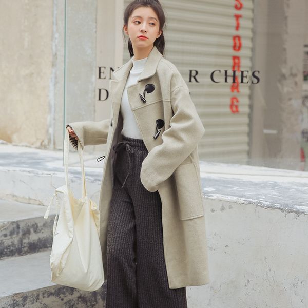 

2020 winter dress lazy wind fashion temperament bump color horn buckle loose long plus thick warm hair coat female tide, Tan;black