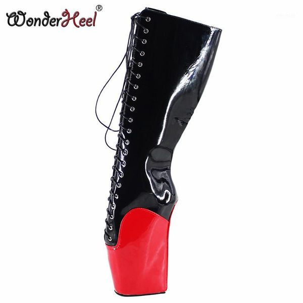 

wonderheel new ballet boots 20cm strange heel patent leather fashion fetish lace up knee high ballet boots1, Black