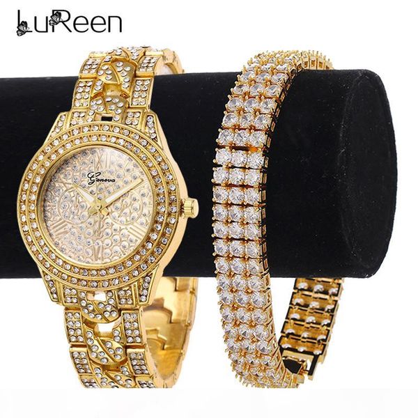 

lureen hip hop iced out gold quartz watch for men 3 row tennis cubic zircon bracelet watch set jewelry gift w0021, Silver