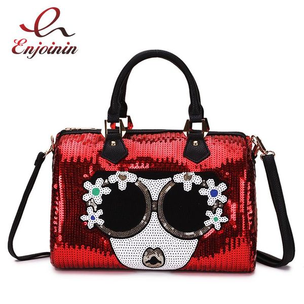 

luxury fashion sequins character designer bag boston shape pu ladies handbag shoulder bag female bolsa messenger