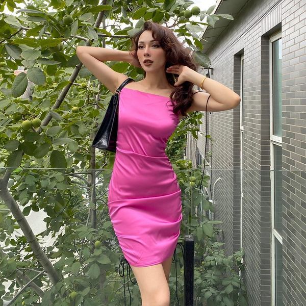 

2020 new beautiful rose pleated silk satin tight stretch dress spaghetti strap slash neck mini dresses women micro elastic1, Black;gray