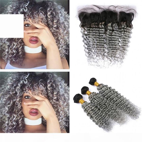 

ombre 1b grey peruvian virgin hair bundles with middle 3 part lace frontal closure with sliver grey deep wave human hair, Black;brown