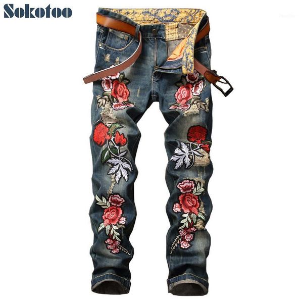 

wholesale-sokotoo men's flower embroidery patch ripped jeans casual hole slim straight distressed denim pants1, Blue