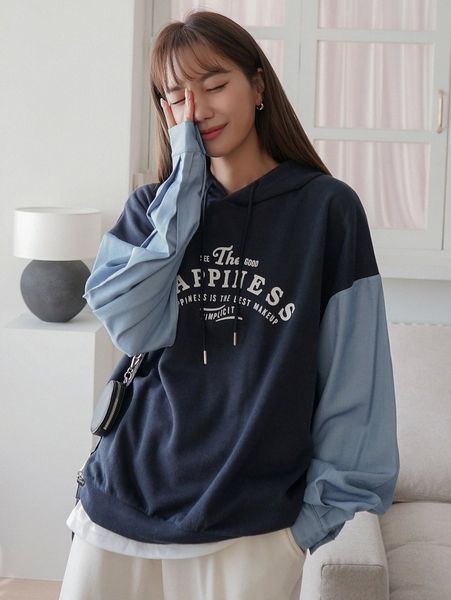 

dazy slogan graphic drop shoulder drawstring two tone hoodie w9dx#, White;black