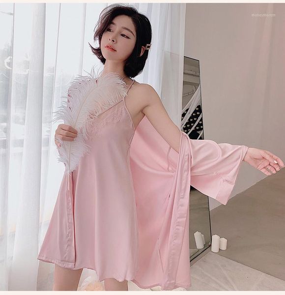 

women's sleepwear summer lady backless strap robe gown sets bathrobe&nightdress 2pcs sleep suit black feather faux silk kimono bath, Black;red