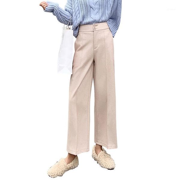 

fashion women woolen pants casual high waist straight trousers 2020 autumn winter ladies trousers solid female pants mujer1, Black;white