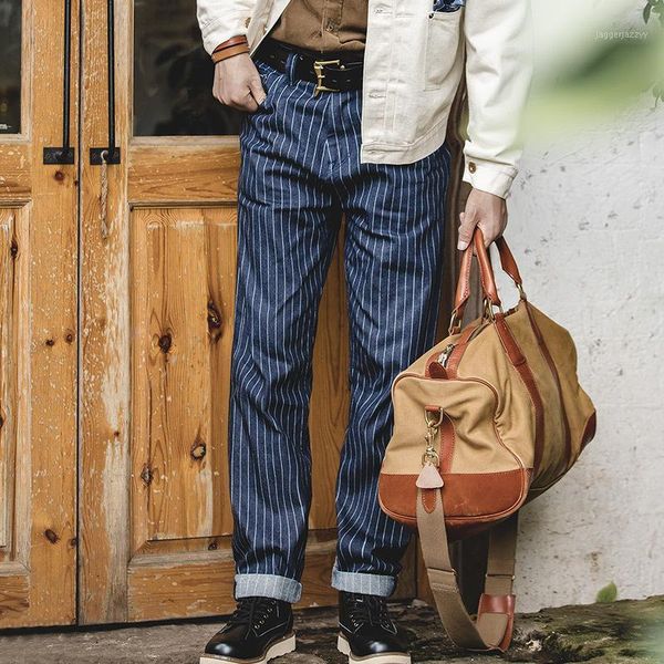 

men's jeans men slim fit american retro striped straight casual pants navy trousers natural denim cargo vintage men1, Blue