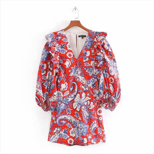 

new women elegant v neck paisley flower vestidos printing mini dress ladies lantern sleeve pleated ruffles chic dresses, Black;gray