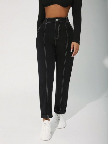 

petite high waist contrast binding jeans 73tb#, Blue