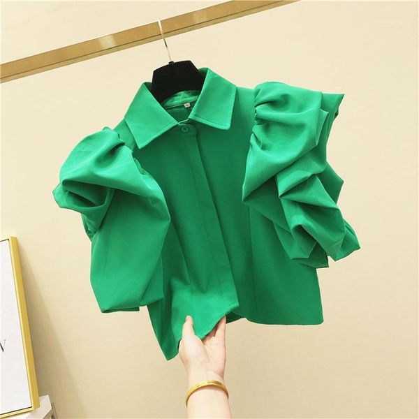 

runway fashion summer puff sleeve short sleeves shirt 2020 women's casual blouse shirts a24571, White