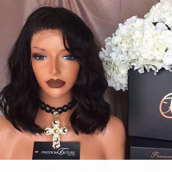 

wholesale 14" bob style wet and wavy lace front wig virgin human hair body wavy natural bob wig from hair factory, Black;brown
