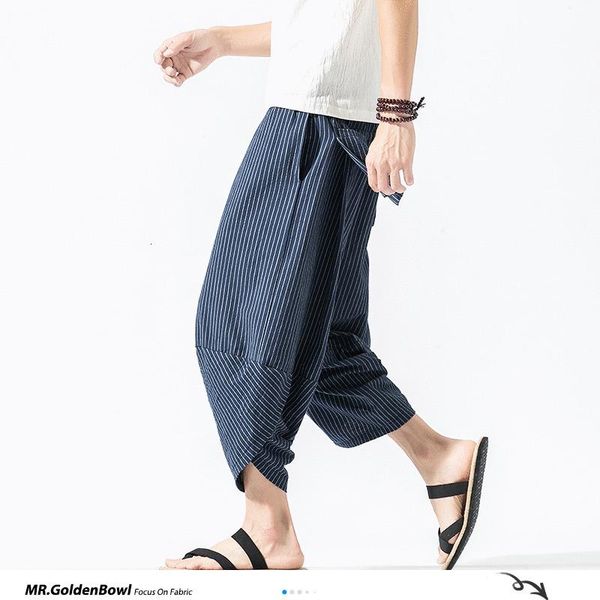 

men's pants mrgoldenbowl store baggy cotton linen harem 2021 japan vintage striped men women hip hop plus size wide leg pant pantalone, Black