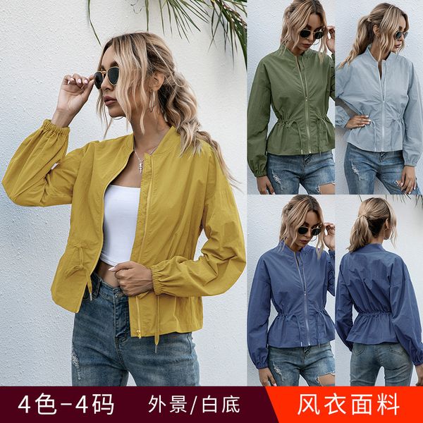

2021 the new new trench female coat thin waist solid wind-proof colour short zipper zg1k, Tan;black