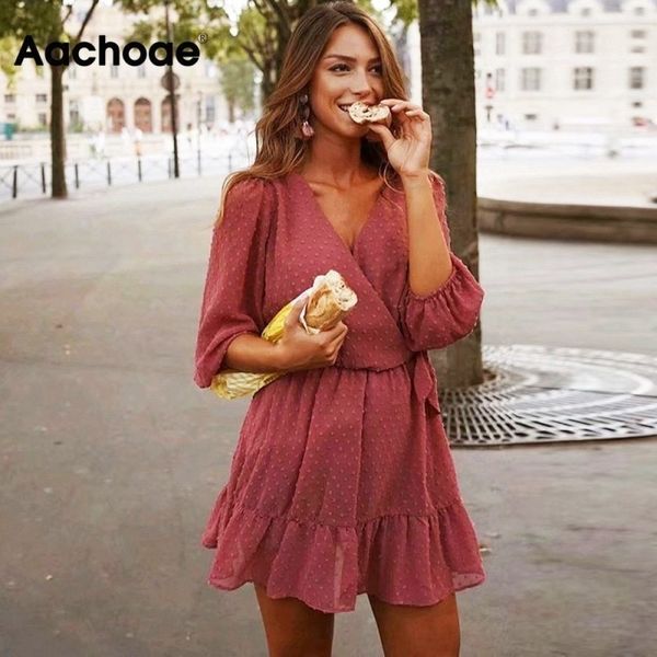

aachoae summer women ruffles lace chiffon dress boho mini beach dress three quarter sleeve ladies party dresses vestido 201204, Black;pink
