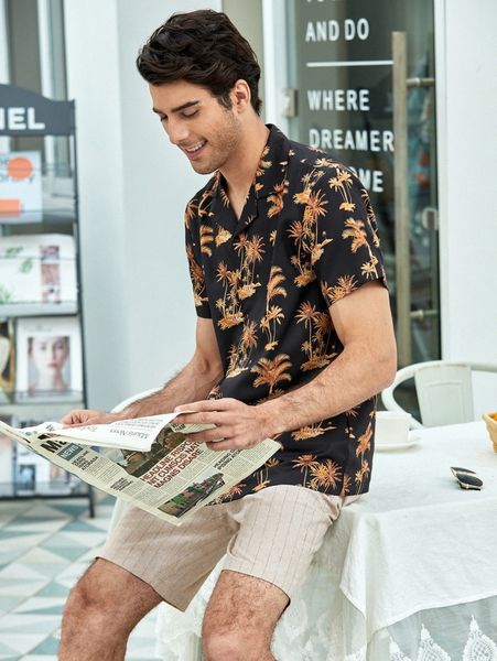 

men tropical print button up shirt j1t8#, White;black