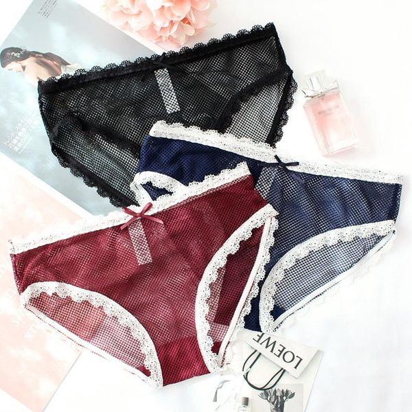 

summer new ladies underwear transparent lace briefs low waist underwear, Black;pink