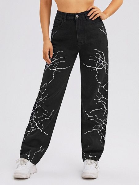 

high waist lightning print straight leg jeans i6ri#, Blue
