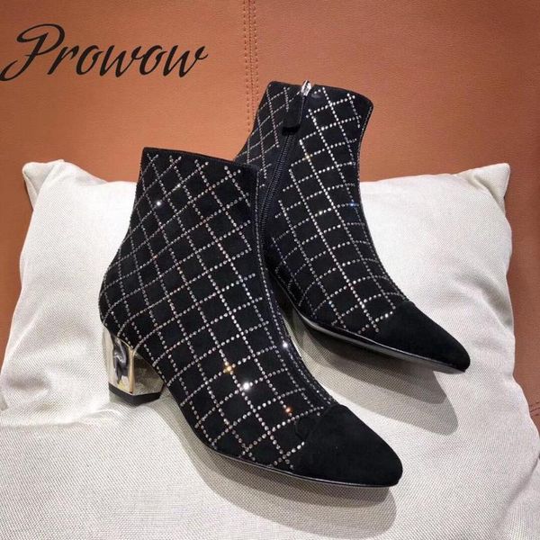 

ollymurs genuine leather crystal trimmed ankle boots zip side low heel fashion runway boots, Black