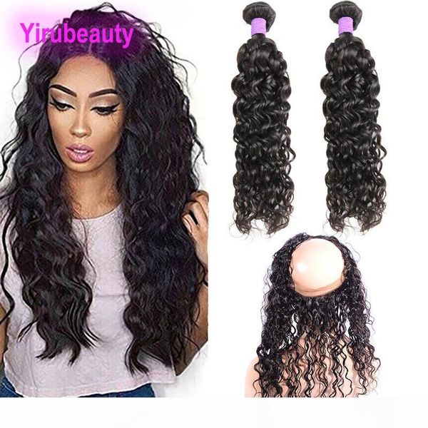 

brazilian raw human hair water wave 2 bundles with 360 lace frontal baby hair bundles with frontal closure 3 pieces lot virgin hair, Black;brown