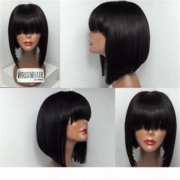 

silk straight brazilian full lace bob wigs with bangs short lace front human hair wigs for african american women, Black;brown