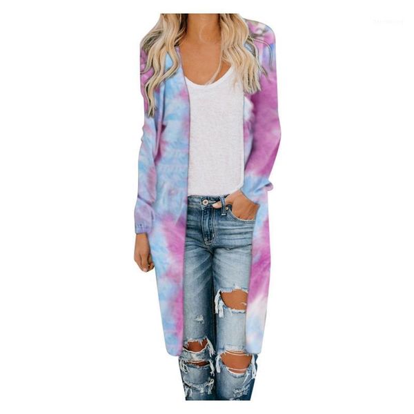 

women's fashion cardigans sweater tie dye print long sleeve jacket medium long style slimming blouse fashion harajuku sweater1, White