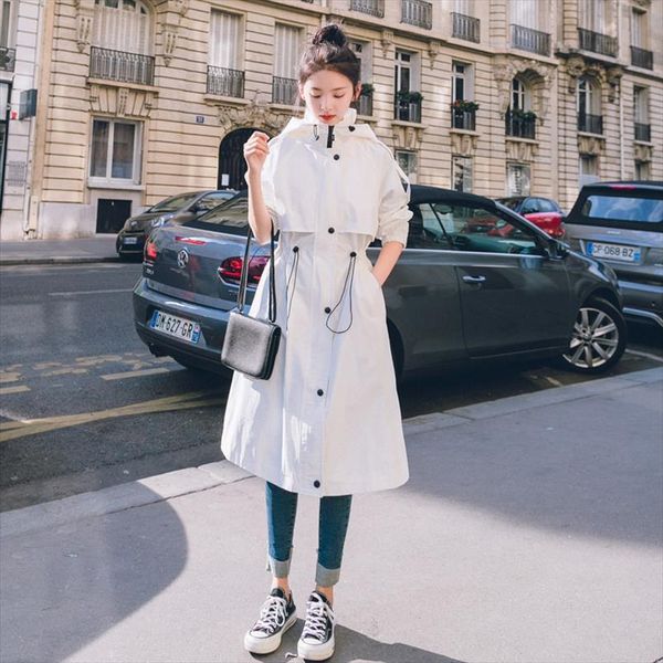 

fashion womens trench coats hooded long adjustable waist spring autumn windproof lady female casual clothes red white green, Tan;black