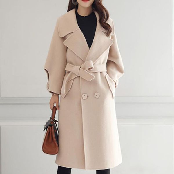 

women's wool & blends 2021 winter cassic double breasted woolen long coat with belt casual, Black