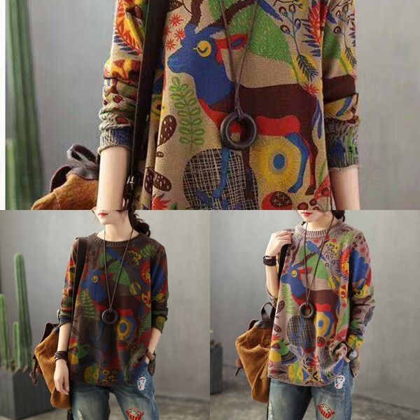 

gdc8s new long sleeve old knitted sweater women's round neck spring sweater and autumn loose printed thin l4hgt cotton, White;black
