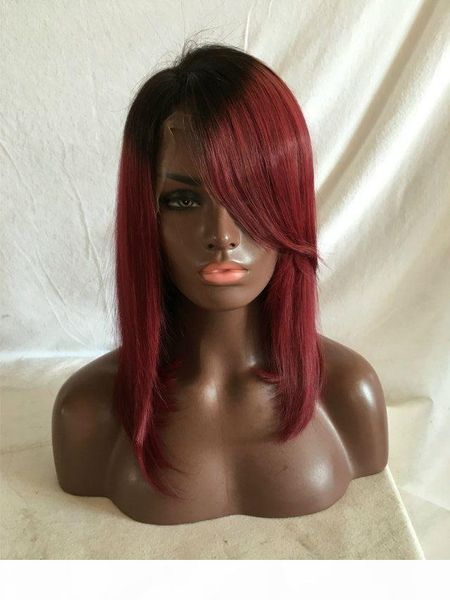 

two tone lace front wig ombre short bob wig 1b 99j full lace human hair wigs for black women brazilian ace wig, Black;brown