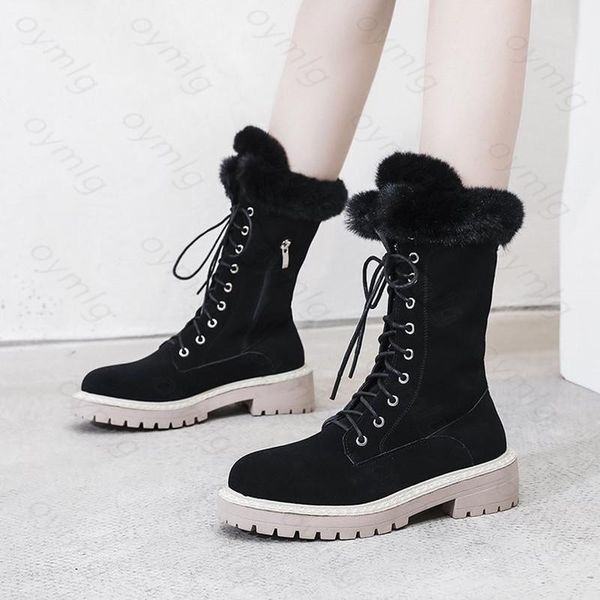 

2021 new fashionable leisure trendy snow winter women boots cross-tied flock short plush worm zipper mid-calf booties, Black