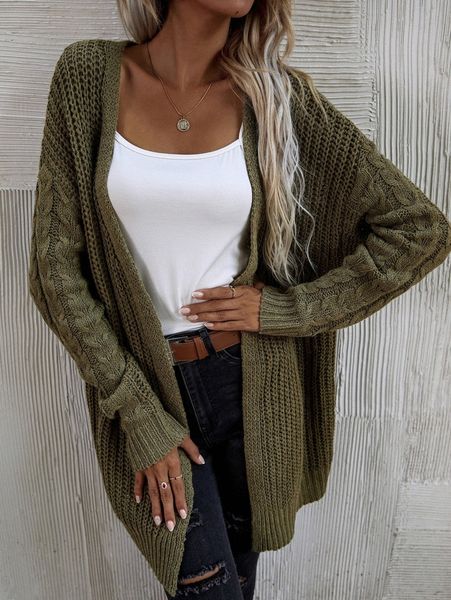 

cable knit drop shoulder open front cardigan n1q6#, White