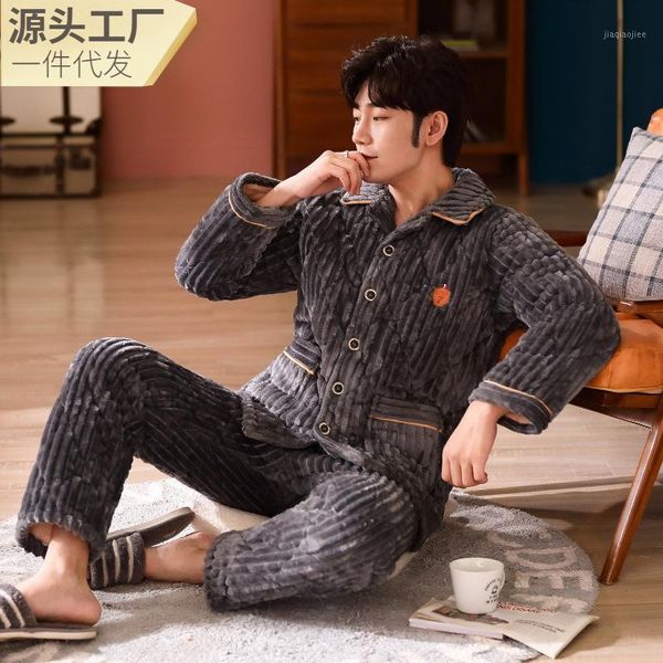 

mimi layer cotton pajamas for men with plush thickening and simple warmth, can wear coral velvet men's suit home clothes1, Black;brown