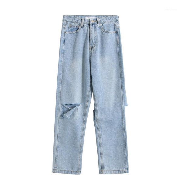 

2020 spring festival wannian pants rescue imperfect legs thin holes high waist jeans straight leg pants1, Blue