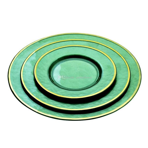 

gold rim green glass charger plate creative cold grain modeled glass plates dining table decor wedding supplies ink blue black mzblm