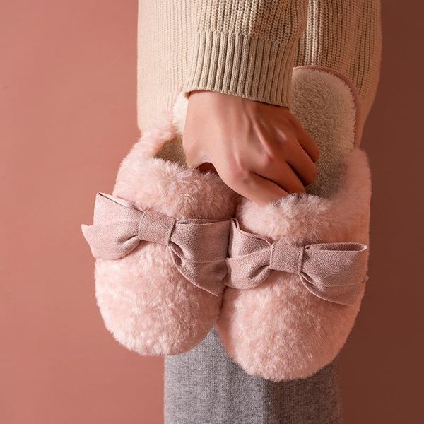

slippers winter cute bow fur 2021 women warm plush bedroom couples flat shoes house buttterfly-knot ladies furry, Black