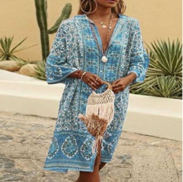 

fall 2020 new print skirt v-neck 3 / 4 sleeve mid length split dress, Black;gray