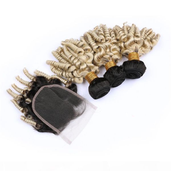

#1b 613 ombre brazilian aunty funmi human hair 3bundles and closure ombre blonde funmi curly virgin hair lace closure 4x4 with weave bundles, Black
